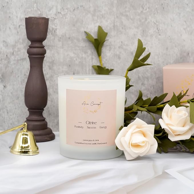Citrine Crystal Candle – 10oz / 280g | Lemongrass & Litchi Aromatherapy | Hand-Poured Soy Wax | Genuine Citrine Healing Crystals Embedded | Positivity, Success & Energy | Gift Box Included