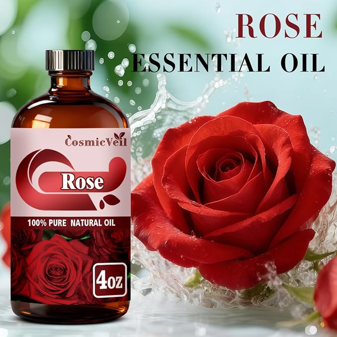 Rose Essential Oil Rose Oil for Aroma Diffuser,Humidifier,Home Fragrance,Cleaning,Body Care,Massage,Yoga,DIY Candle,DIY Soap CosmicVeil（Rose，4 Fl Oz (Pack of 1)）