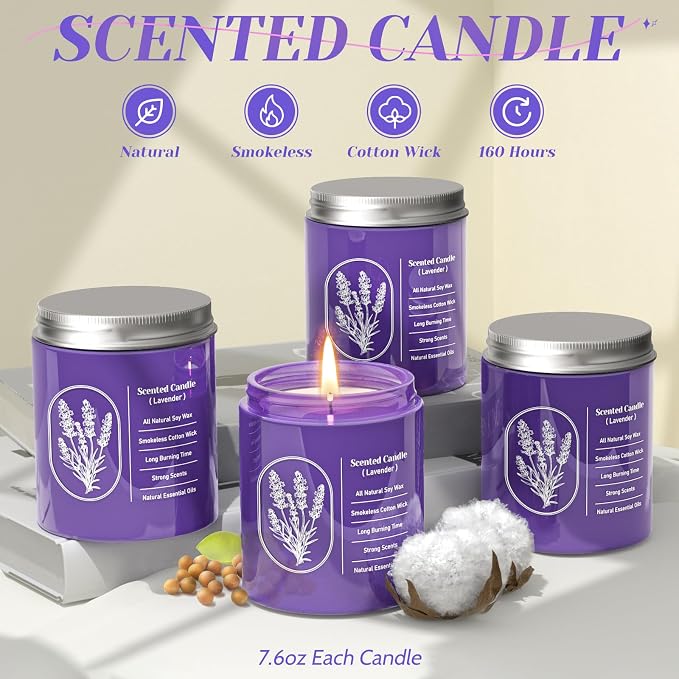 WarmEmbrace Lavender Candles for Home Scented, 30.4 oz Aromatherapy Purple Jar Candles for Women, 160 Hour Long-Lasting Burn Scented Candles for Birthday - 4 Pack