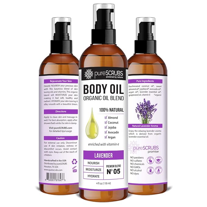 pureSCRUBS Ultra Moisturizing Lavender Body Oil for Dry Skin, Lightweight Full Body Moisturizer for Soft, Silky Skin, Massage & Cuticle Oil, Vitamin E Enriched, 4 oz