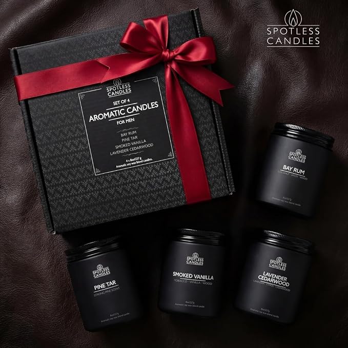 Men's Candle Gift Set; 4 x 8oz Scented Candles; Bay Rum, Pine Tar, Smoked Vanilla, Lavender Cedarwood; 200 Hours Burn Time; Matte Black Glass Jars; Premium Black Gift Box by Spotless Candles