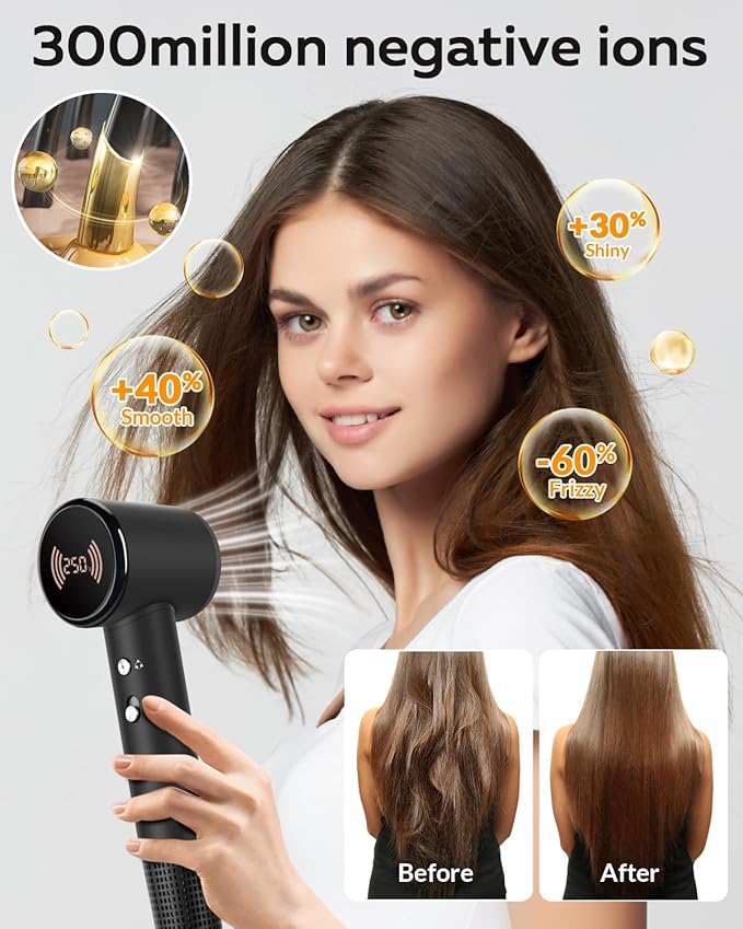 Diffuser Hair Dryer, Ionic Travel Hairdryer with 110000 RPM High-Speed Motor for Fast Drying, 1600W Low Noise&Lightweight Blow Dryer with Concentrator for Women Men, Professional Salon Home (Black)
