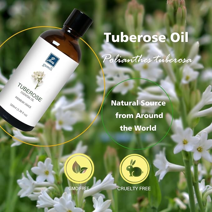 GM Gumili Tuberose Essential Oil, Home Fragrance Oil, Candle Scents Soy Wax Candle Making, Freshie Scents Oils for Soap, Dryer Balls, Diffusers, Laundry, Slime -3.38 oz /100ml