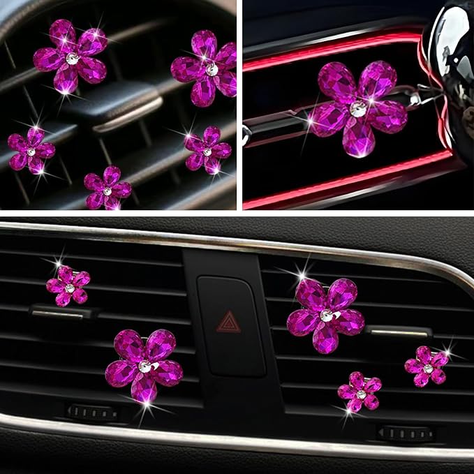 Bling Daisy Flower Car Air Vent Clips, 5PCS Sparkling Crystal Rhinestone Cute Vehicle Air Conditioning Clamp, Diamond Auto Air Outlet Clip Decor for Women Girls (Rose Red)