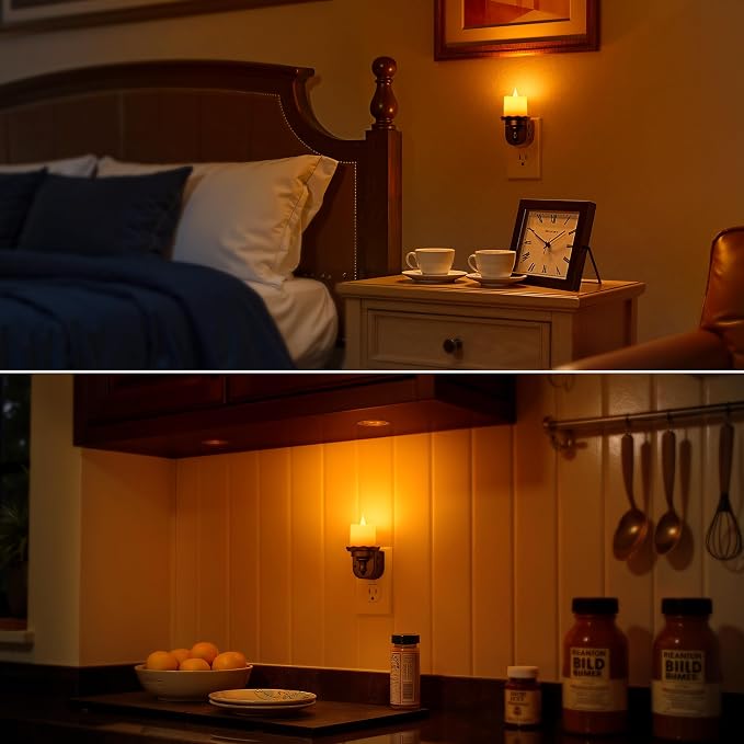 Briignite Candle Night Light, Amber Night Lights Plug into Wall 2 Pack, LED Flicker Candle Night Light with Light Sensor, 0-100LM Dimmable Nightlight for Kids Hallway Bathroom