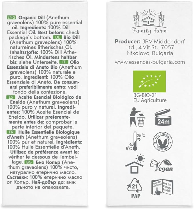 Essences Bulgaria Organic Dill Essential Oil 1/3 Fl Oz | 10ml | Anethum graveolens | 100% Pure and Natural | Undiluted | Therapeutic Grade | Family Owned Farm | Steam-Distilled | Non-GMO
