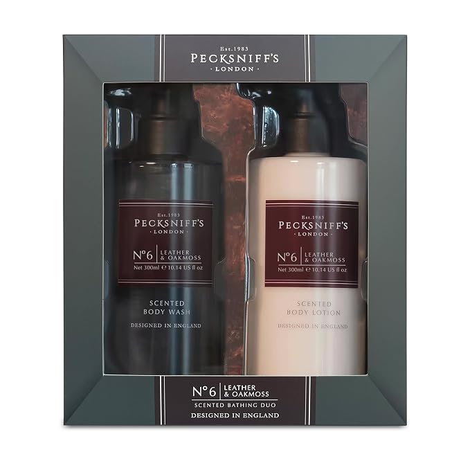 Pecksniffs Mens Bathing Duo Collection – Leather & Oakmoss Scented Body Wash and Body Lotion Gift Set, 2 x 250ml
