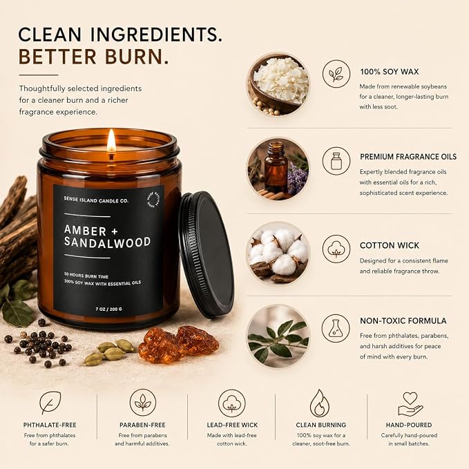 Amber Sandalwood Scented Candles for Men&Women | Natural Soy Candle 7oz, up to 50 Hrs Burn Time Sweet Amber & Authentic Sandalwood Aroma
