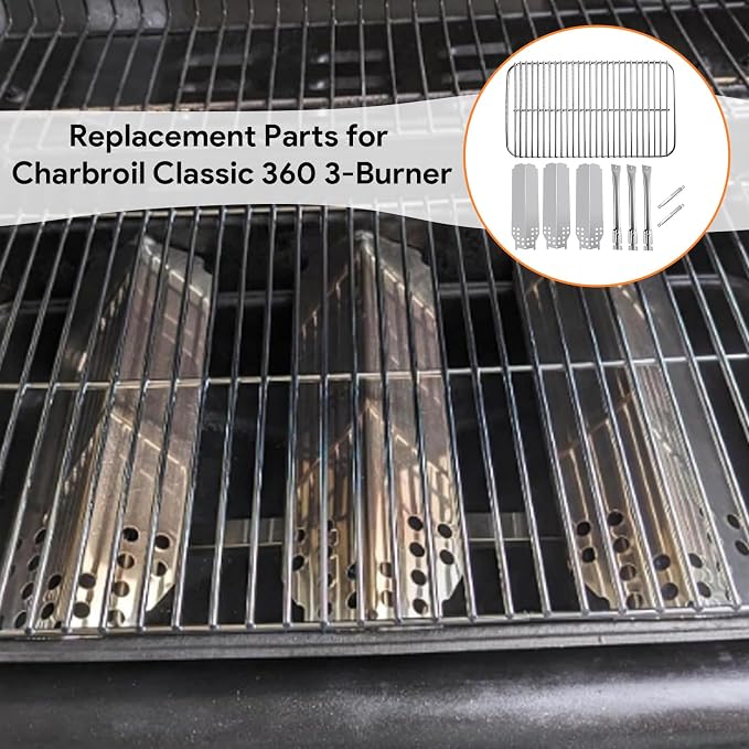BQMAX Stainless Steel Replacement Parts for Charbroil Classic 360 3-Burner 463742418, 463773717, G320-0200-W1, G215-0203-W1 Grill Burner, Heat Plate, Cooking Grate and Adjustable Carryover Tube