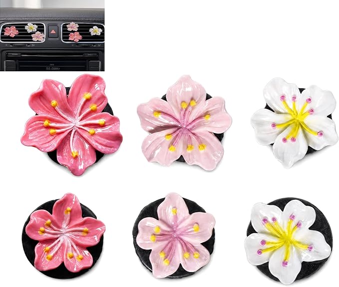 6PCS Cherry Blossom Flower Air Vent Clips, Cute Car Freshener Diffuser for Women Girls, Air Conditioning Outlet Clip for Interior Decor(White,Pink&Red)