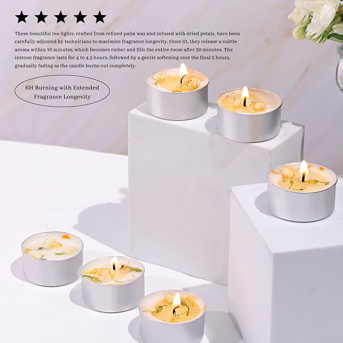 8 Pcs Jasmine Scented Tealight Candles, 6H Long Burning - 100% Palm Wax Based Scented Tea Lights with Dried Flowers, Non-Toxic/Smokeless Tea Lights Candles for Spa, Bath, Wedding