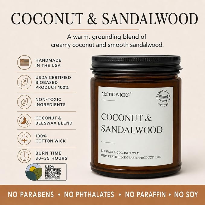 Arctic Wicks Scented Coconut Beeswax Candles | Coconut Beeswax Non Toxic Candle 9oz Amber | Farmhouse Candles Non-Toxic Clean Burn 100% USDA Certified Biobased (Coconut & Sandalwood)