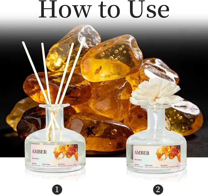 8.45 oz Amber Scent Diffusers with 6 Reed Sticks,250ml Reed Diffuser for Bathroom Room Air Freshener, Last up for 50 Days