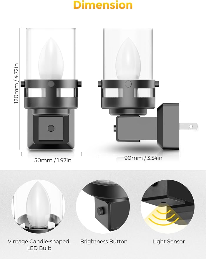 Briignite Candle Night Light Plug in [2 Pack], Vintage Night Lights Plug into Wall, LED Night Light with Dusk to Dawn Light Sensor, 3000K Warm White Candle Nightlight for Kids Hallway Bathroom Bedroom