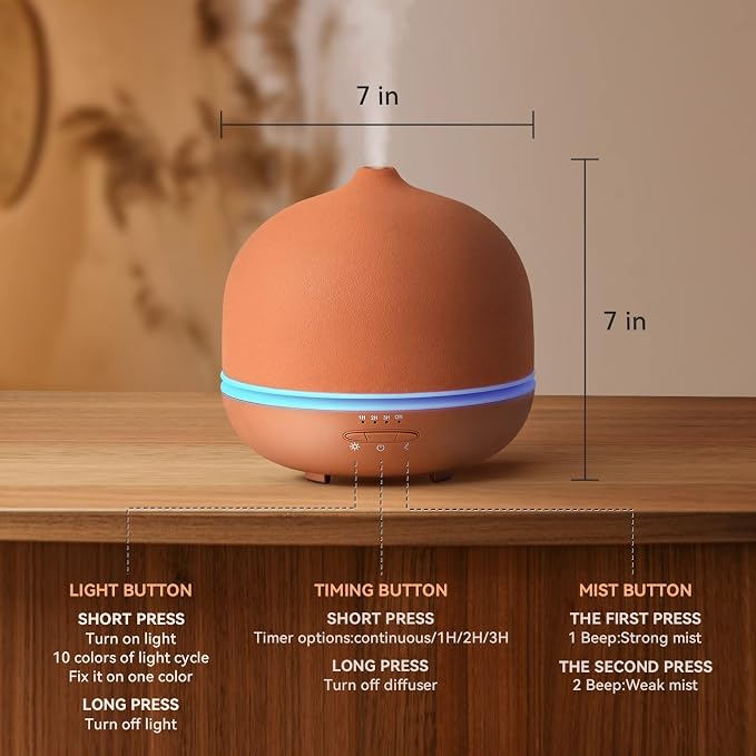 Stone Diffusers for Essential Oils Large Room,500ml Handmade Ceramic Diffuser with 4 Timer & 10 Ambient Light Settings for Home Office (Terracotta)