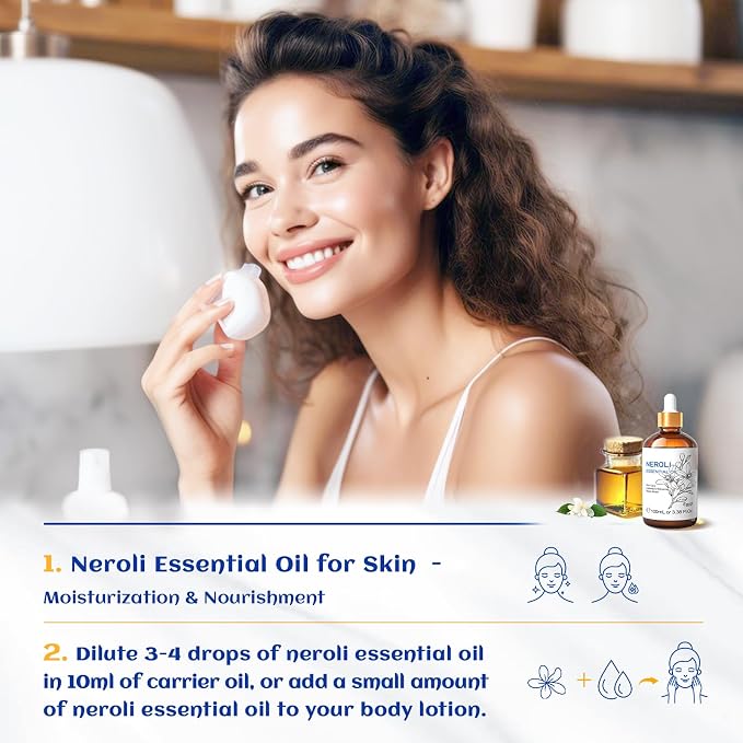 HIQILI Neroli Essential Oil 3.38 Fl Oz, Neroli Oil for Skin, Diffuser, Includes 10ML Travel Bottle - 100ML
