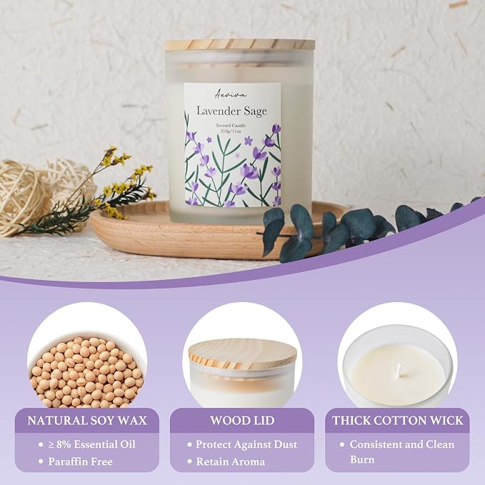Lavender Sage Scented Candle, 11oz 60 Hour Burn, Natural Soy Wax with Thick Cotton Wick, Highly Scented Aromatherapy Candle for Stress Relief & Meditation, Gifts for Women & Men