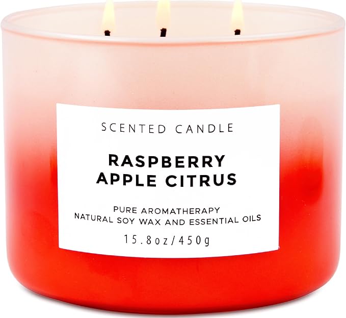 Raspberry Apple Citrus 3-Wick Soy Candle | 15.8 oz Large Scented Candle for Home | Clean Burn Long Lasting | Fruity Citrus Spice Scent | Gift Ready