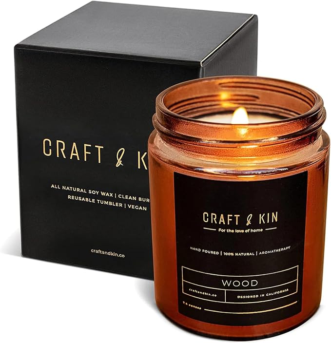 Craft & Kin Premium Wood Scented Candle – Long Lasting, 45 Hour Burn Time – Luxury Natural Soy Scented Candle – Room Decor and Aromatherapy – 8 oz