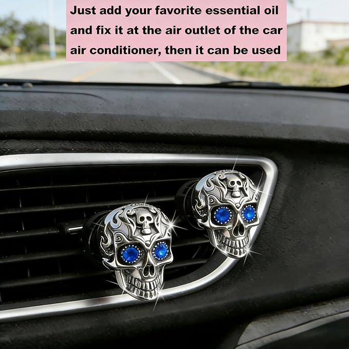 Gothic Skull Car Air Freshener Vent Clips with 2 Pads, Halloween Scented Car Accessories for Men Women, Automotive Interior Decor and Cool Car Fresheners for Men， Spooky Gift Idea-A5