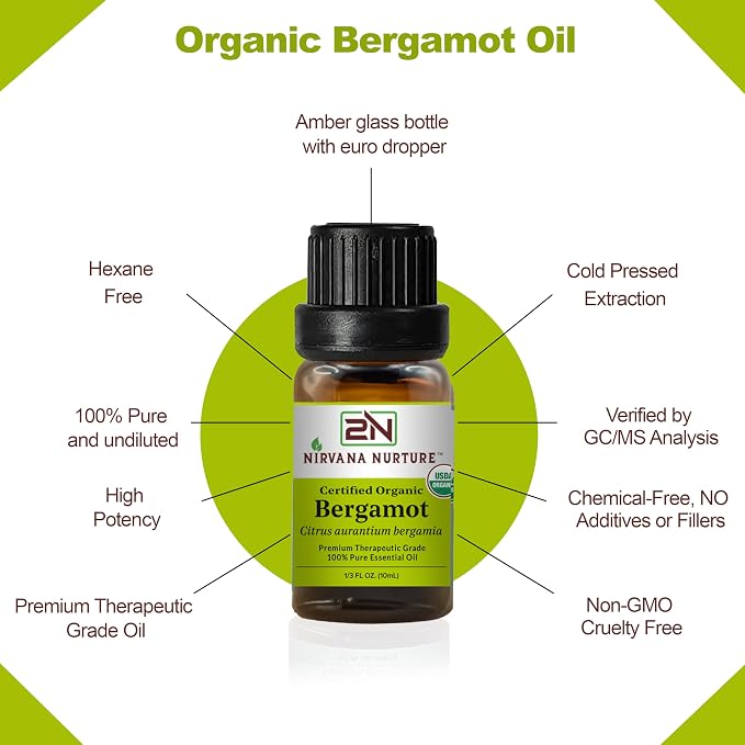 Bergamot Essential Oil, USDA Certified Organic, 100% Pure Undiluted, Aromatherapy Oil for Diffuser, Hair & Skin Care
