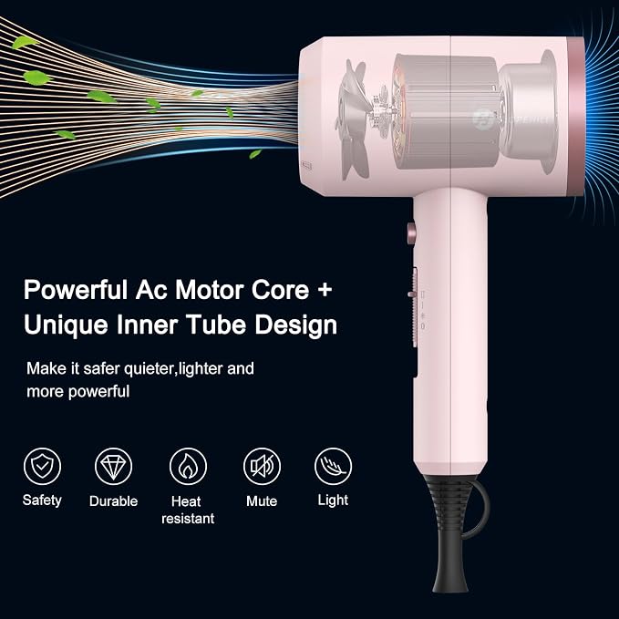 Slopehill Professional Ionic Hair Dryer, Powerful 1800W Fast Drying Low Noise Blow Dryer with 2 Concentrator Nozzle 1 Diffuser Attachments for Home Salon Travel (Pottery Pink and Rose Gold)