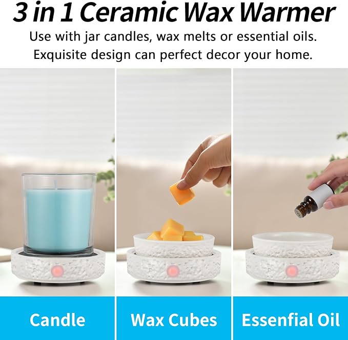 nawaza Ceramic Wax Melt Warmer Fragrance, 3 in1 Electric Candle Wax Warmer, Scented Wax Melt Wax Cubes Melter Fragrance Warmer for Home,Office, Birthday Gifts for Women Mom(White-01)