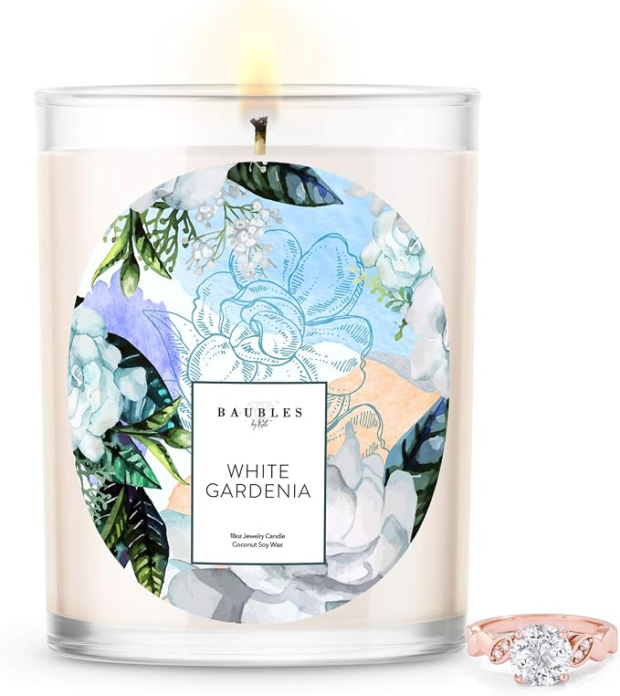Kate Bissett Baubles White Gardenia Scented Premium Candle and Jewelry with Surprise Ring Inside | 18 oz Large Candle | Made in USA | Parrafin Free | Size 06