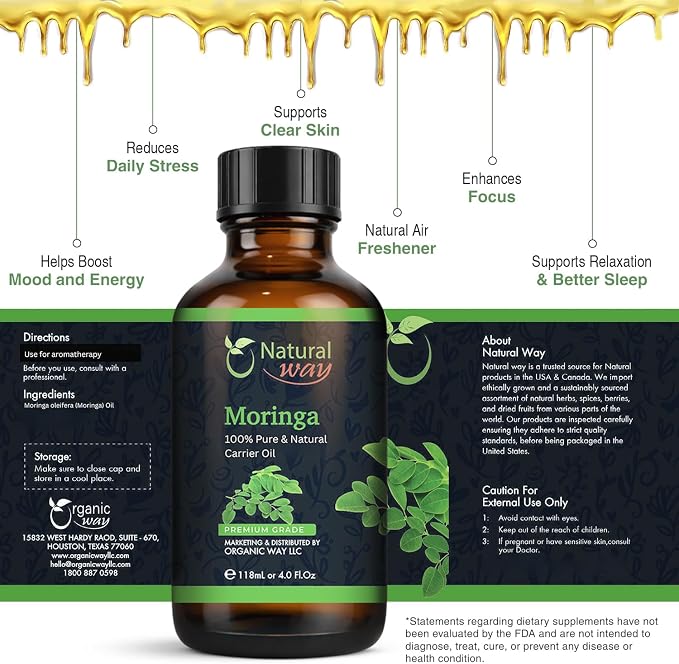 Moringa Carrier Oil for Face, Hair, Nails and Dry Skin | Natural Aroma Oil for Home Fragrance, DIY Beauty Blends & DIY Candle Making, Long Lasting Scent for Office, Bedroom Scent 4 Fl Oz (120 mL)