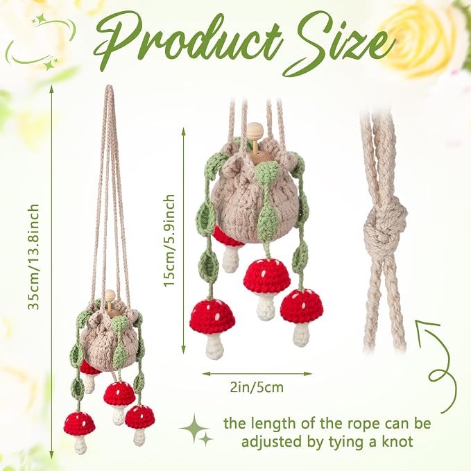 DaisyInner Cute Crochet Plant Car Freshener 12ml Empty Refillable Diffuser Bottle with Plants Hanging Accessories for Ornaments Charms Rearview Mirror Home Office Decor Women Gifts(Mushroom)