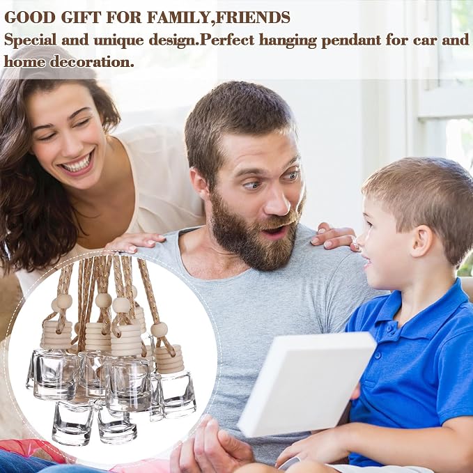 208Pcs 8ml Hanging Car Air Freshener Diffuser Cylindrical Empty Clear Glass Essential Diffuser Oil Aromatherapy Fragrance Perfume Pendant Glass Vial with Wooden Caps Hanging String Car Diffuser Bottle