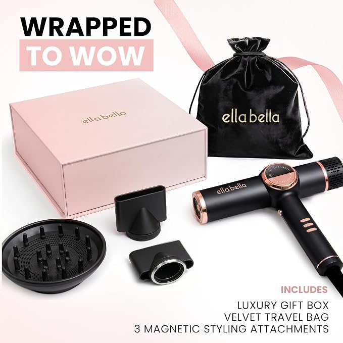 ELLA BELLA® Professional Ionic Hair Dryer with Diffuser • Negative Ion Blow Dryer • Suitable All Hair Types • Intelligent Heat Control & Rapid Drying Speeds • Lightweight Design • Low Noise Technology