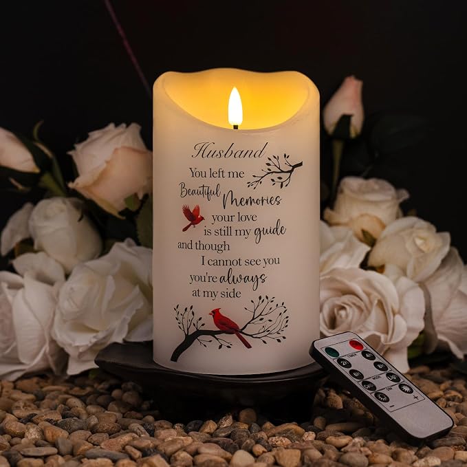 Flameless Memorial Candle for Loss of Husband, Real Wax LED Light with Remote Sympathy Bereavement Gifts for Loss of Loved One Memorial Gifts for Loss of Husband Remembrance Gifts (4" x 7")