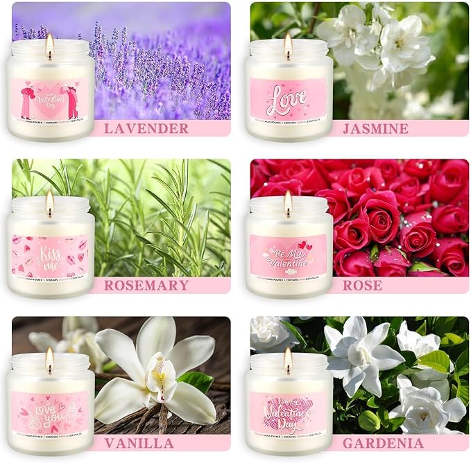 Valentine's Day Scented Candles Gift Set, 6 Pack 3.05 oz Candles - Romantic Gifts for Her: Wife, Girlfriend, Mother, and for Him: Husband, Boyfriend - Long Lasting Aromatherapy Candle for Home Decor