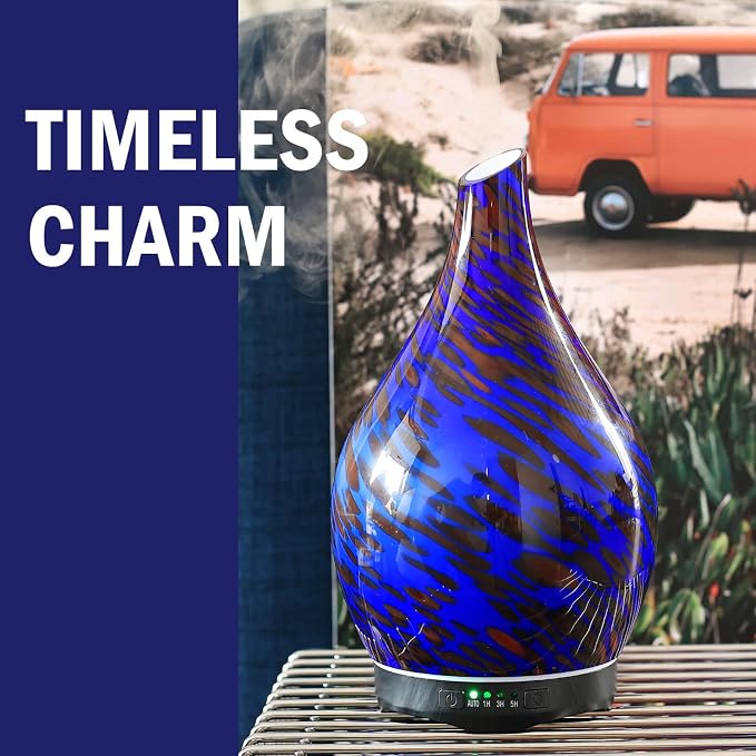 Porseme 280ml Essential Oil Diffuser Hand-Blown Glass Aroma Diffusor, Aromatherapy Unltrasonic Cool Mist deffuser, 7 Color Changing, Waterless Shut-Off, Timer Function for Home Office(Cobalt Blue)