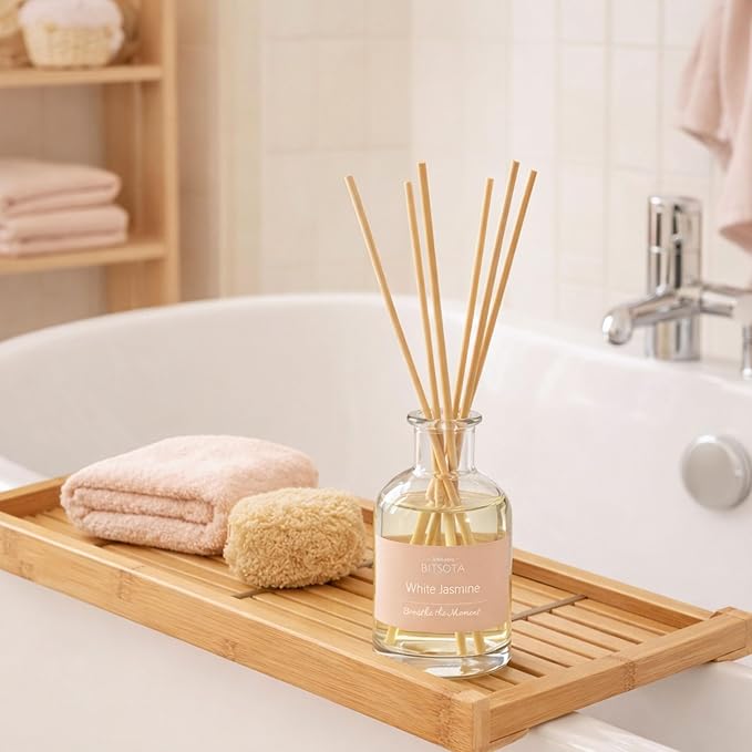 Natural Reed Diffuser Set, White Jasmine 3.52 oz (100ml) Scented Diffuser with Sticks Home Fragrance Reed Diffuser for Bathroom Shelf Decor, Ideal Gift for Woman