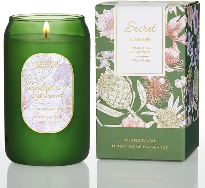M&SENSE Strong Green Soy Scented Candle - Eucalyptus Mint Candle, 10.6 oz, 60-Hour Burn,Calming Stress Relief Candles Gift for Birthday,Valentine's Day,Mother Day