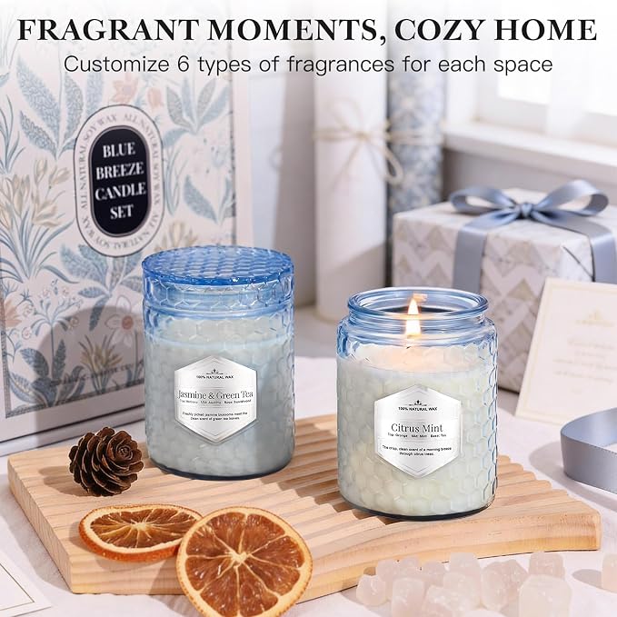 Lake Blue Candles for Home Scented, 6 Pack of 5.5 Oz Natural Soy Wax Candles in Decorative Glass, Home Aromatherapy Gifts Sets for Women Birthday Christmas Refresh & Relaxation