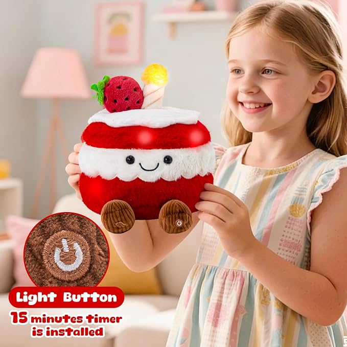 WEWILL Light up Birthday Cake Plush Toy Musical Cute Cake Pillow Stuffed Animals with Legs Strawberry Funny Plushie for Girls,Kids,Boys,8"