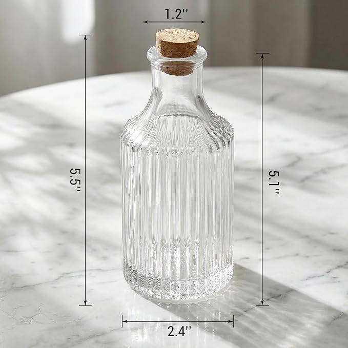 MyGift Small Clear Glass Reed Diffuser Bottles with Cork Lids, Vintage Fluted Flower Bud Vase Style, Refillable Home Fragrance Containers, Set of 4