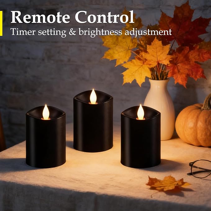 Black Pillar Flameless Candles - 3D Flickering, Remote Timer, Battery Operated, 600+ Hours, Halloween & Gothic Themed Decor (Black, 3"*4"-3pcs)