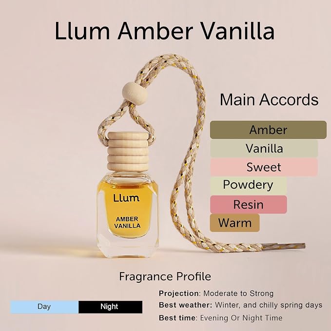 Llum Amber Vanilla Hanging Car Air Freshener – Luxury Automotive Perfume Diffuser 10ml (0.34 fl oz), Long-Lasting Fragrance, Alcohol-Free Non-Toxic Car Scent, Glass Bottle With Wood Cap