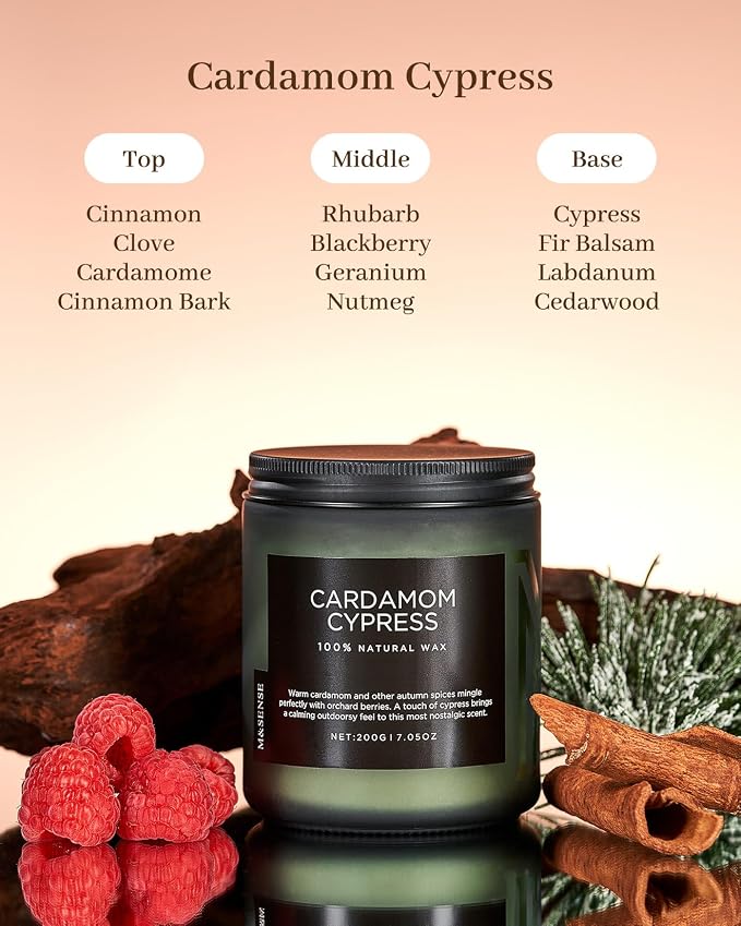 M&SENSE Cardamon & Cypress Scented Candle, 50 Hours Burn Clean Non Toxic Candle 7.05oz Natural Soy Wax Organic Candles Cozy Home Fragrance Meditation Candle Holiday Birthday Gift for Men Women