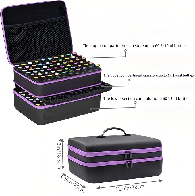 204 Slots Essential Oil Organizer Case, Hard Shell Storage Box for 1ml-15ml Bottles, Extra Large Double Layer Portable Travel Bag for Aromatherapy Vials & Peptides, Black with Purple