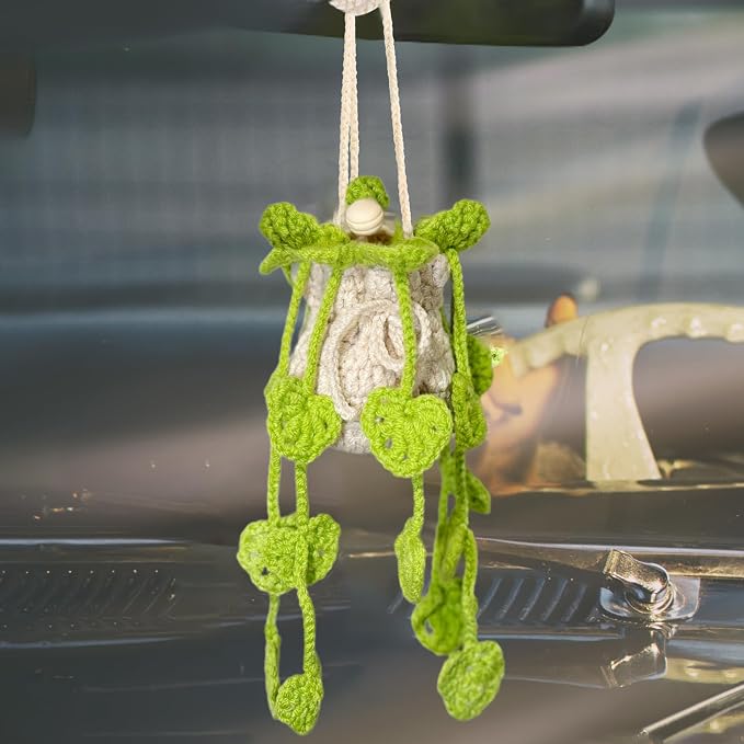 Crochet Car Air Freshener Hanging, Cute Hanging Plant for Cars, Crochet Plant with 10ml Empty Refillable Oil Diffuser Bottle, Handmade Boho Car Ornaments Charms for Rear View Mirror, Green