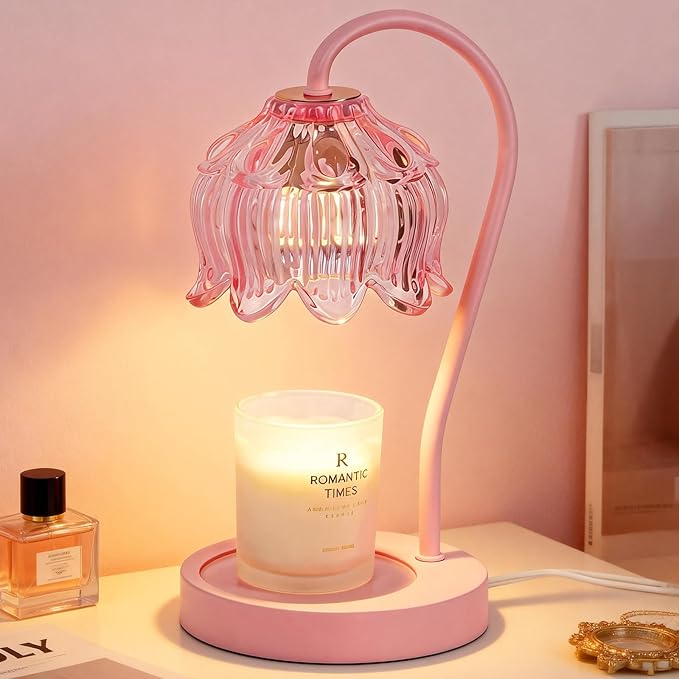 Funistree Flower Candle Warmer Lamp with Timer, Dimmable Candle Lamp Warmer, Christmas Birthday Gifts for Women Mom Her, Housewarming Home Decor, Lotus Wax Warmer for Yankee - Full Pink 10 Inch