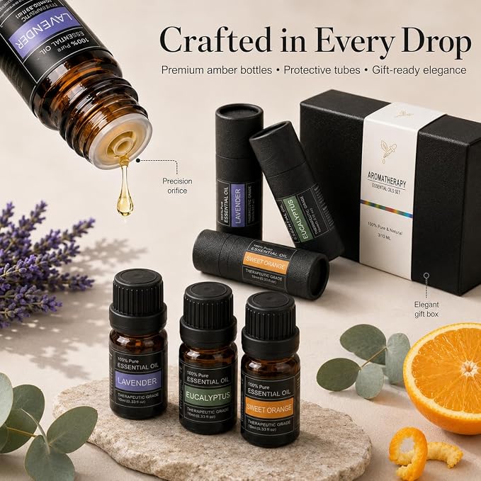 Essential Oils Gift Set - 3 x 10ml Lavender, Eucalyptus & Sweet Orange, 100% Pure Plant-Based Therapy for Car Aromatherapy，Diffusers, Humidifiers, Relaxation & Home Spa - The Serenity Trio