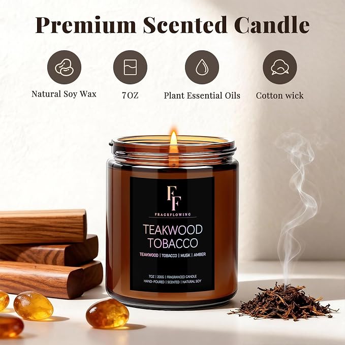Teakwook Tobacco Scented Candle for Home Soy Wax Candle, Aromatherapy Candle Gift for Women Men, 7oz