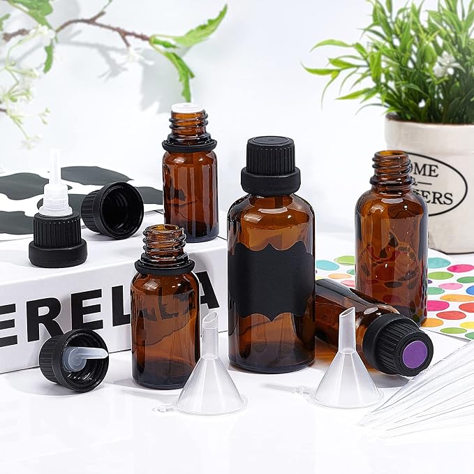 BENECREAT 24 Pack 10ml Brown Glass Essential Oil Bottles Refillable Container Kits with Plastic Droppers, Funnel Hoppers and Sticker for Aromatherapy Fragrance Cosmetic Oil