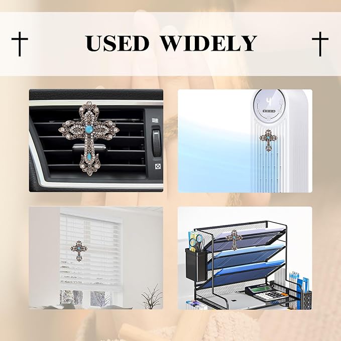 ORIESSE Cross Car Decor,Vintage Cross Air Vent Clips Car Freshener,Bling Rhinestone Turquoise Accent Auto Interior Dashboard Decorations Accessories,Refillable Diffuser